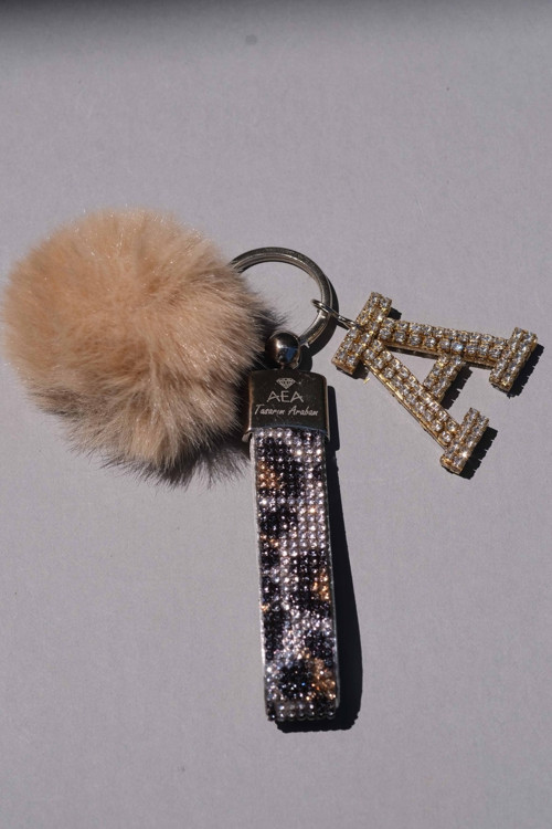 Leopar Taşlı & Logosuz Anahtarlık & Kemıl Minik Ponpon & Gold A Harf