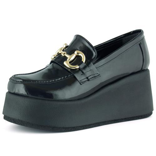 Celyn Siyah Rugan Yuvarlak Burun Tokalı Dolgu Topuklu Günlük Ayakkabı