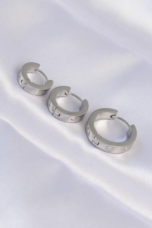 316L Çelik Gümüş Renk Zirkon Taşlı 3Lü Halka Küpe