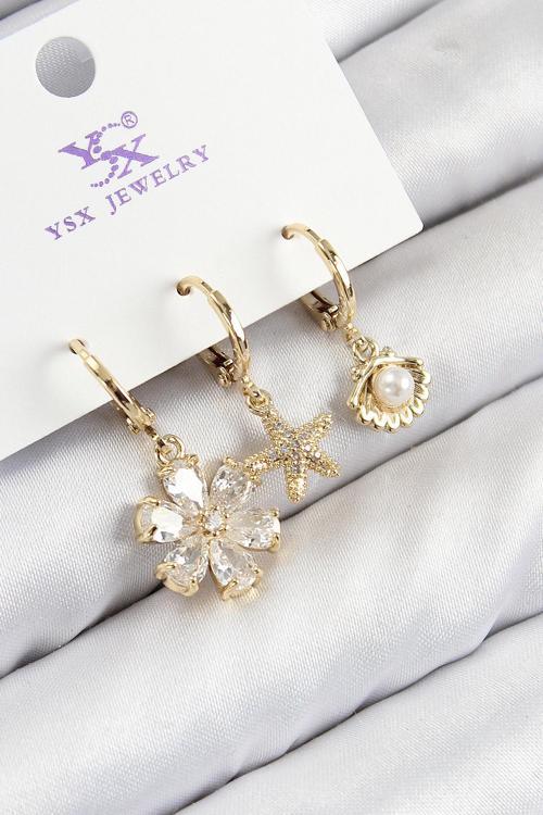 Pirinç Zirkon Taşlı 3'Lü İstiridye Ve Çiçek Renk Kadın Küpe