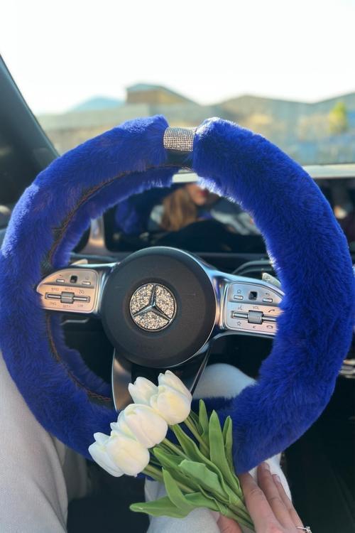 Saks Mavi Kürk Gümüş Taş Şeritli Direksiyon Kılıfı