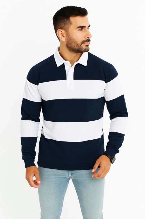 Erkek Polo Yaka Uzun Kollu Çizgili Sweatshirt Trend Rugby Stil