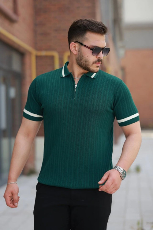 Erkek Yaka Ve Kolları çizgi Detaylı Fermuarlı Kısa Kollu Tshirt
