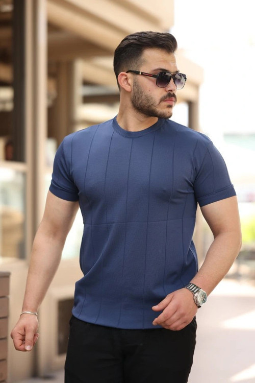 Erkek Ince çizgi Dokulu Bisiklet Yaka Kısa Kollu Tshirt