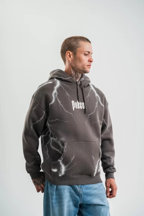 Double Oversize Kapşonlu Şimşek Pano Baskılı SweatShirt