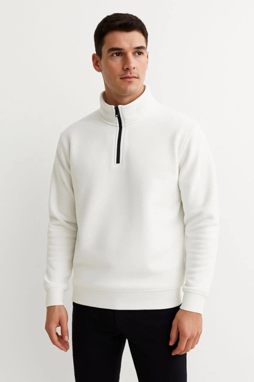 Erkek Dik Yaka Sweatshirt Dik Yaka Yarım Fermuarlı 3 İplik Şardonlu Pamuk Kumaş