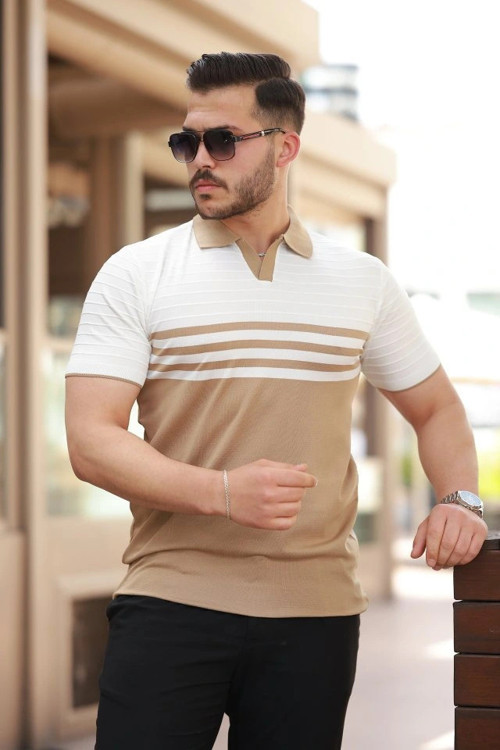 Erkek çizgi Desenli Yakalı Kısa Kollu Tshirt