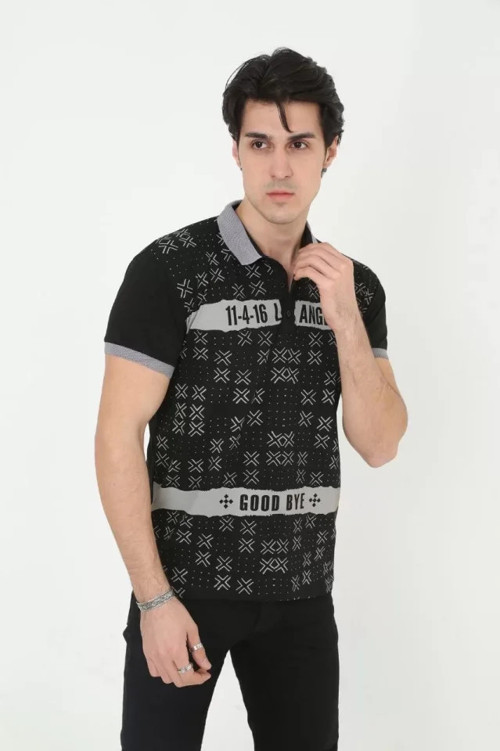 Erkek Yakalı Slim Fit Baskılı TShirt