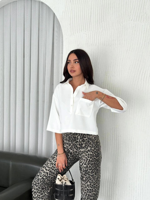 Crop Yakalı Gömlek Üç Çeyrek Sleeve Kol