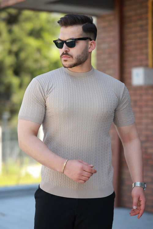 Erkek Bisiklet Yaka örgü Desenli Kısa örme Triko Kısa Kollu Tshirt