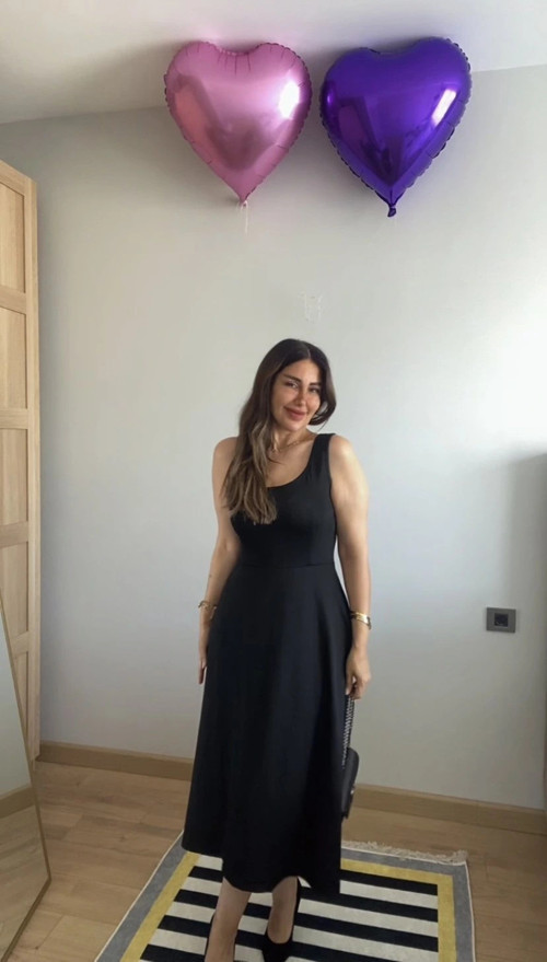 Kadın Askılı Kare Yaka Yırtmaçlı Midi Janjan Krep Elbise