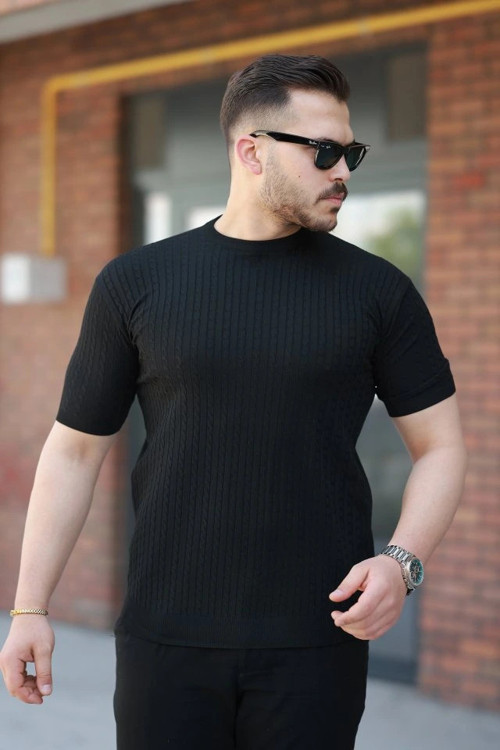 Erkek Bisiklet Yaka örgü Desenli Kısa örme Triko Kısa Kollu Tshirt