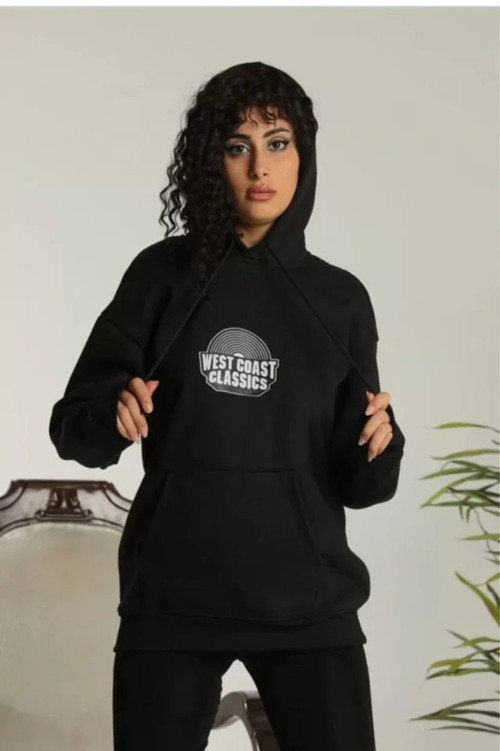 Unisex Sırt Baskılı Kapüşonlu Üç İplik Oversize Sweatshirt