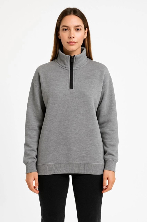 Üç İplik Dık Yaka Yarım Fermuarlı SweatShirt