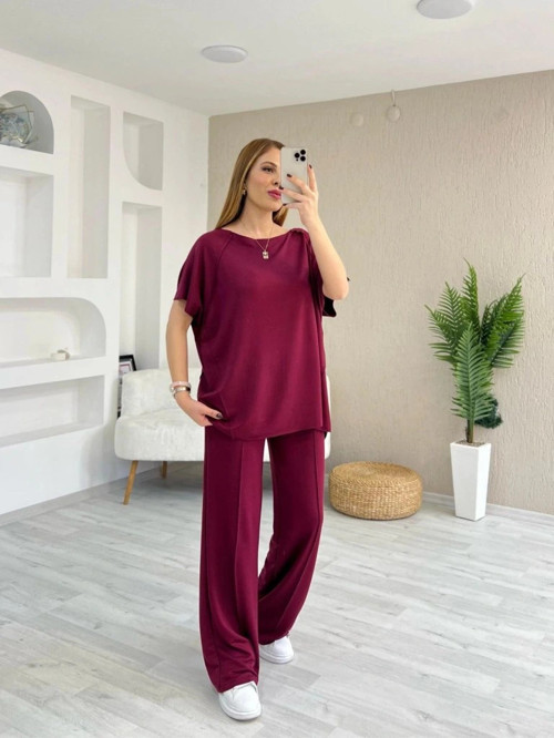 Kadın Kısa Kollu Kayık Yakalı Dikiş Izi Detaylı Viskon Iki Iplik Bluz Ve Pantolon Ikili Takım