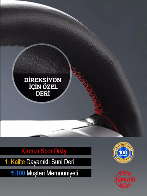 Nissan Primera Özel Süper Deri Direksiyon Kılıfı, Dikmeli Kırmızı Spor Dikişli