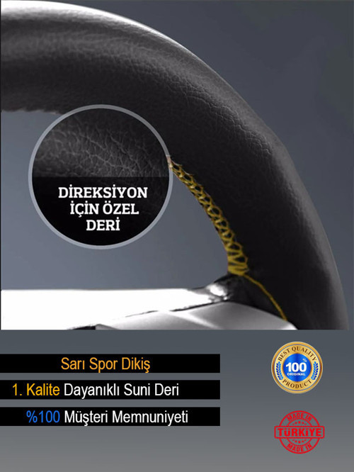 Hyundai Getz Özel Süper Deri Direksiyon Kılıfı Dikmeli Sarı Spor Dikiş