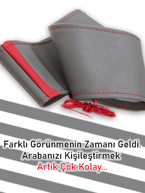 Smart Fordwo Gri Özel Süper Deri Kırmızı Yüzüklü Dikişli Direksiyon Kılıfı
