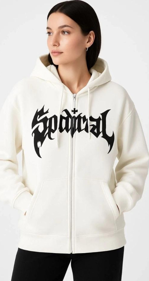 Oversize Kapüşonlu Sweatshirt Hoodie 3 İplik Şardonlu Pamuklu Kumaş, Önü Baskılı, Fermuarlı Rahat Ka