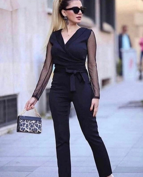 Kadın Uzun Kollu Kruvaze Yakalı Kolları Tül Detay Beli Kuşaklı Ithal Krep Tulum
