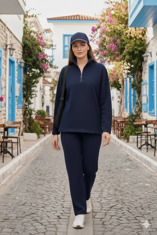 Kadın Balıkçı Yaka Fermuar Detay Polar Sweat Ve Pantolon Ikili Takım