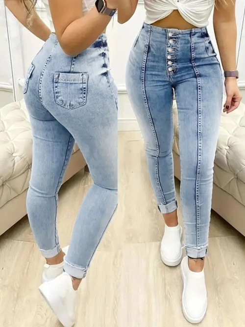 Kadın Yüksek Bel önden Düğmeli Jean Pantolon