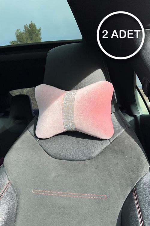Pudra Düz Kadife Gümüş Dik Şeritli Boyun Yastığı 2 Adet