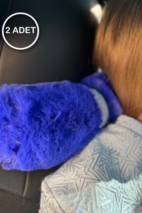 Saks Mavi Kürk Gümüş Taş Şeritli Boyun Yastığı 2 Adet