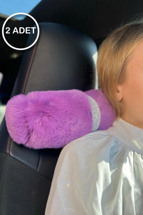 Mor Kürk Gümüş Taş Şeritli Boyun Yastığı 2 Adet