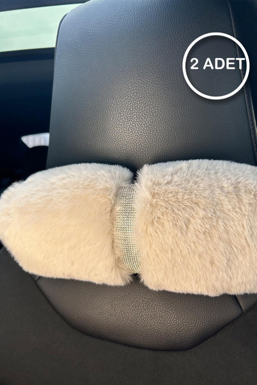 Krem Kürk Gümüş Taş Şeritli Boyun Yastığı 2 Adet