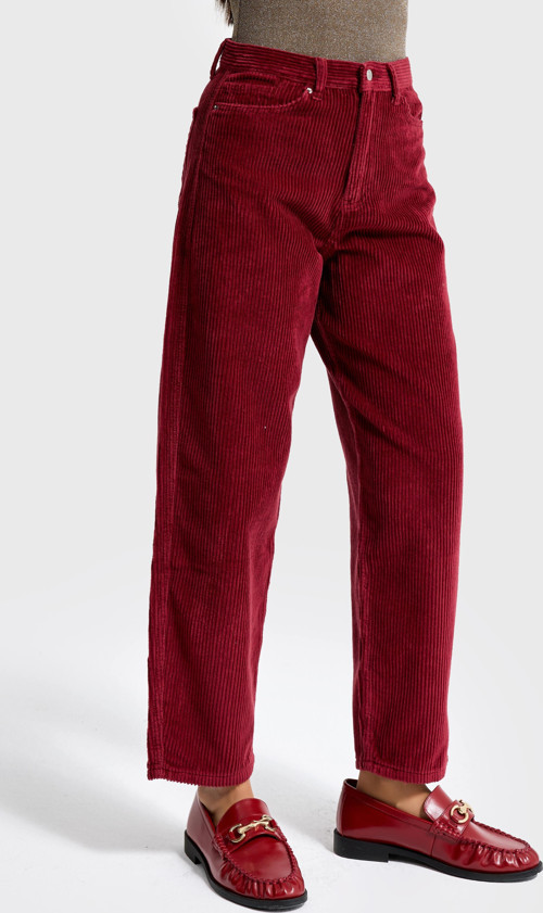 Kadın Bordo Renk 26w5-35 Relax Fit Kalın Fitilli Velvet Kadife Kumaş Pantolon