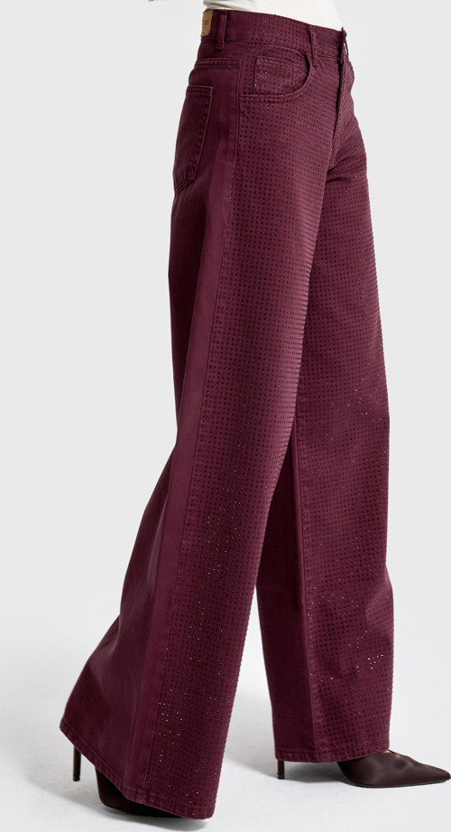 Kadın Bordo Renk T-6w5-122 Palazzo Fit Parlak Taşlı Özel Tasarım Denim Jean