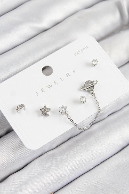 Pirinç Zirkon Taşlı Yıldız Ve Gezegen Gümüş Renk 925 Ayar Gümüş Çivi Kadın Küpe Set