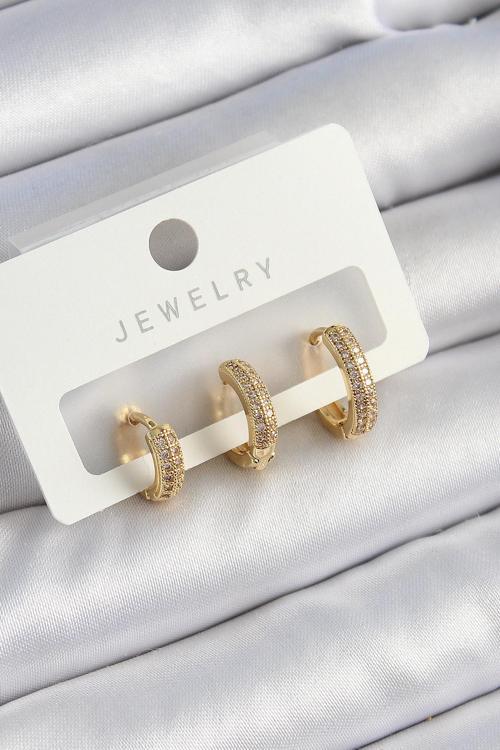 Pirinç Zirkon Taşlı Yıldız Renk 3'Lü Çift Kadın Küpe Set