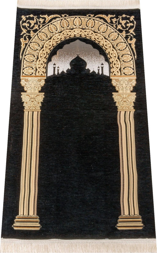 Taç Mahal Desenli Şönil Seccade - Siyah Renk