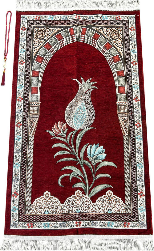 Osmanlı Kemer Mihraplı Lale Motifli Şönil Seccade Bordo