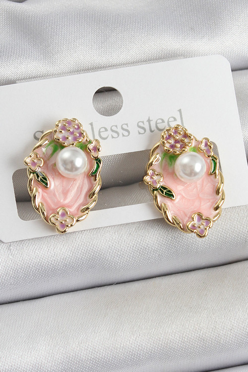 Pirinç Pembe Mineli İnci Detaylı Sanatsal Portre Renk Kadın Küpe