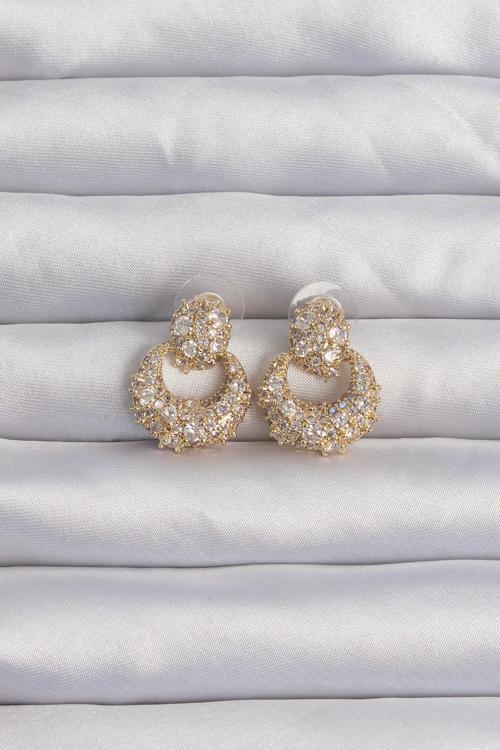 Pirinç Renk Zirkon Taşlı Oval Form Küpe