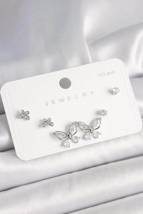 925 Ayar Gümüş Çivi Pirinç Gümüş Renk Zirkon Taşlı Kadın Küpe Seti