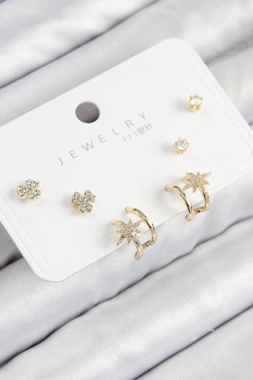 Pirinç Zirkon Taşlı Kutup Yıldızı Renk 925 Ayar Gümüş Çivi Kadın Küpe Set