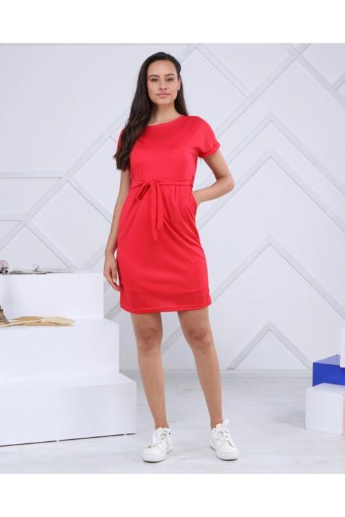 Kadın Kırmızı Kemerli Cepli Elbise La1007