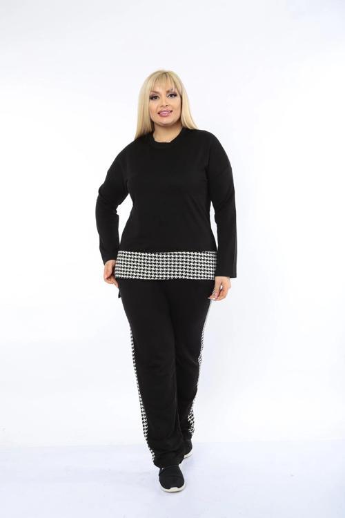 Kadın Siyah Kazayağı Desenli Büyük Beden Eşofman Takımı