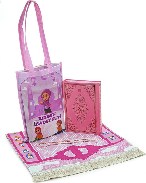 Kuran Kursları İçin Çocuk Çantalı Kuranı Kerim Tesbih İsimli Seccade Seti Pembe