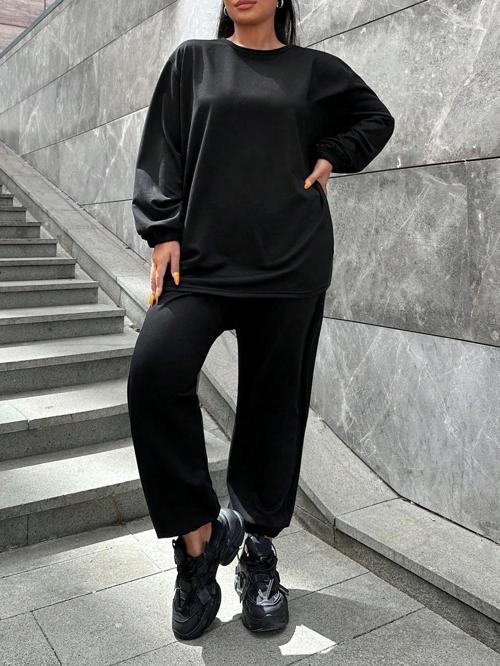 Kadın Büyük Beden Düz Siyah İkiiplik Cepli Uzun Kol Eşofman Takımı