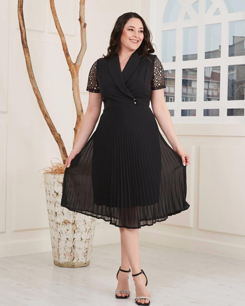 Büyük Beden Kol Ve Etek Detaylı Kruvaze Yaka Midi Boy Abiye Elbise