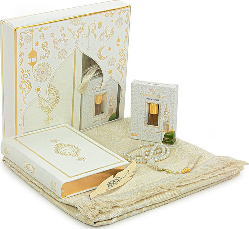 Gelin Bohçasına Uygun Hediyelik Medine Hatlı Kuranı Kerim ve Çeyizlik Seccade Seti Beyaz