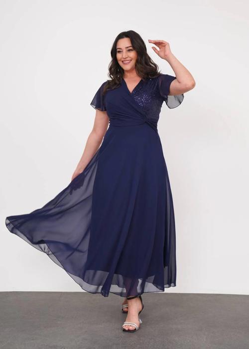 Büyük Beden Pul Detaylı Kruvaze Yaka Tüllü Şifon Kısa Kollu Abiye Elbise