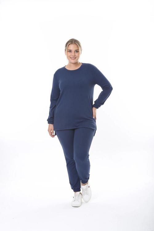 Kadın Düz Renk Büyük Beden Uzun Kol Lastikli İkiiplik Takım