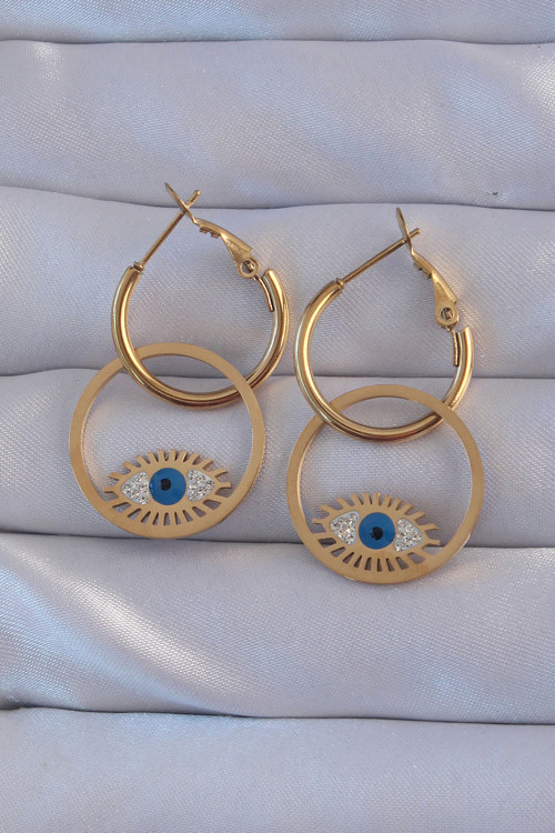 316L Çelik Renk Zirkon Taşlı Göz Tasarımlı Halka Küpe