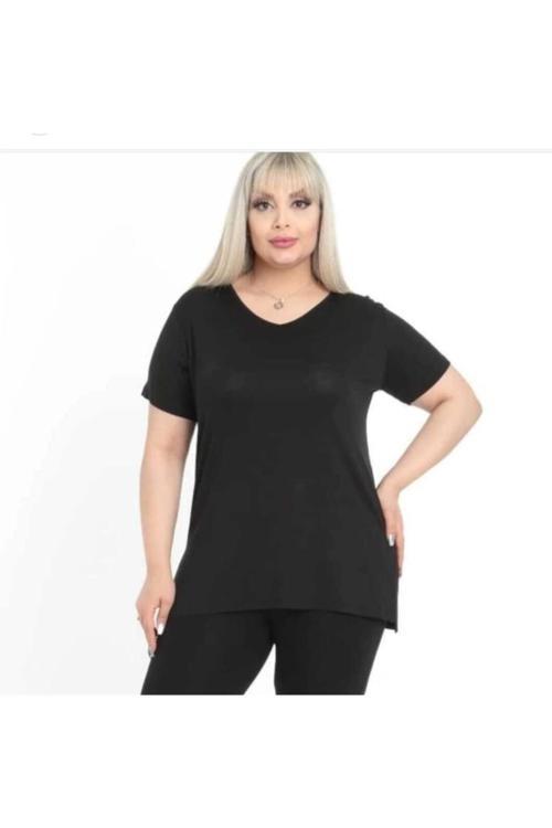 Kadın Büyük Beden Siyah V Yaka Bluz